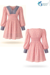 3D product renders displaying the front and back views of the Aashni Smocked Fit & Flare Dress; features a light pink georgette fabric with blue micro-floral prints, a V-neckline framed with thick dusty blue embroidered lace, long puff sleeves with matching embroidered cuffs, and a defined smocked elastic waistband.