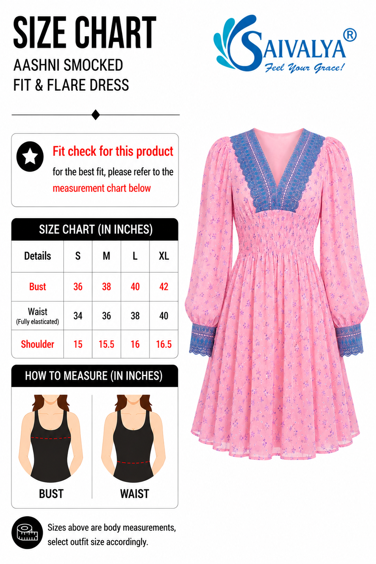 Product size chart for the Aashni Smocked Fit & Flare Dress, featuring a measurement table for sizes S to XL, measurement guide diagrams for bust and waist, and a 3D product render of the pink micro-floral dress showcasing its embroidered V-neckline, smocked elastic waistband, and long puff sleeves with embroidered cuffs.