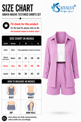 Product size chart for the Amaya Mauve Textured Shorts Set, featuring a measurement table for sizes S to XL across the inner top, shorts, and jacket, measurement guide diagrams for bust, waist, hip, and arm hole, and a 3D product render of the three-piece coordinate set showcasing the mauve textured long-sleeve open jacket, matching high-waisted shorts, and a white square-neck inner crop top.