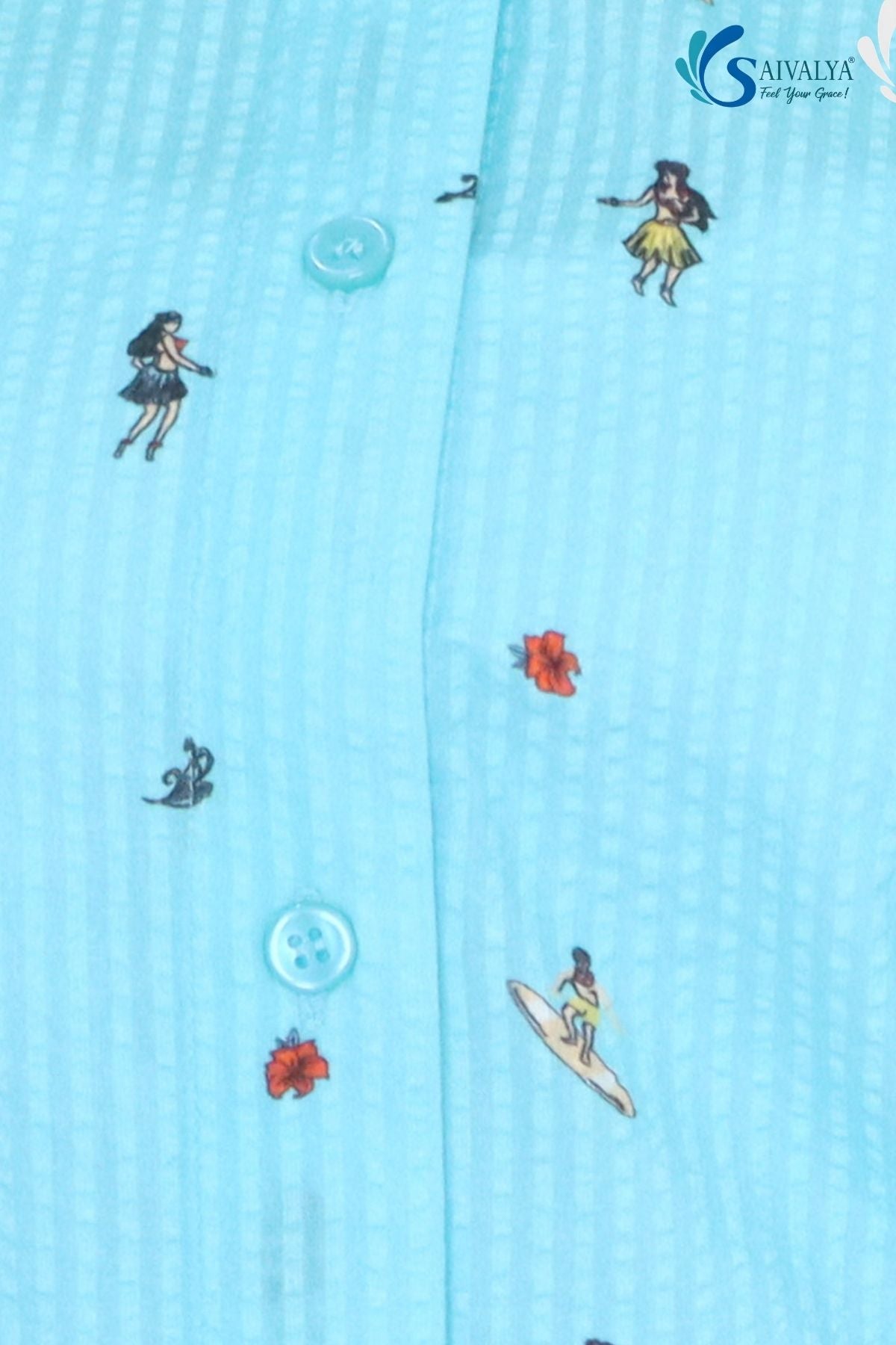Alt Text:A macro close-up of the Azure Sky Printed Drawstring Shirt, highlighting the light blue seersucker fabric with its distinct puckered, checkered texture. The image shows matching blue buttons and detailed miniature prints of surfers, hula dancers, and tropical flowers.