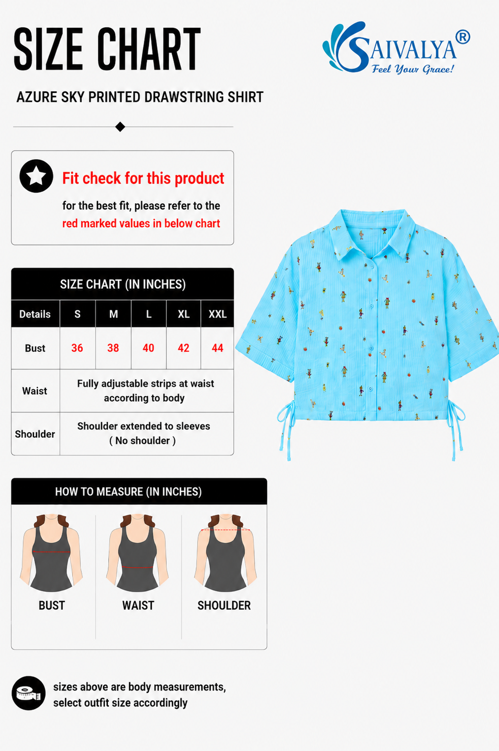 Product size chart for the Azure Sky Printed Drawstring Shirt, featuring a measurement table for sizes S to XXL, measurement guide diagrams for bust, waist, and shoulder, and a 3D product render of the light blue button-down shirt showcasing its traditional collar, short extended sleeves, scattered colorful miniature graphics, and side drawstring ties at the hem.