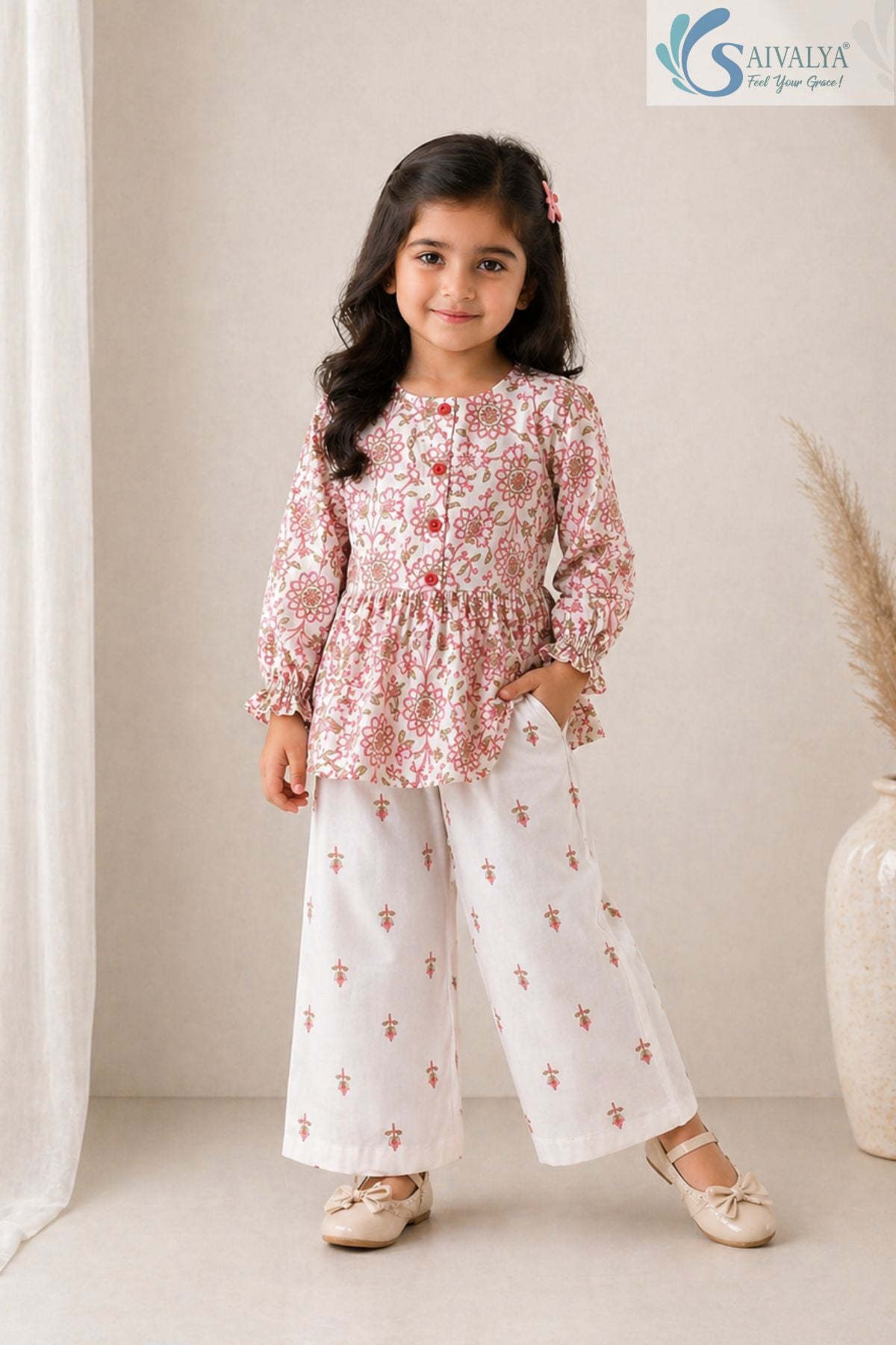 Young girl posing with hand in pocket wearing a Bloom and Breezy ethnic style co-ord set featuring a pink floral peplum top and white wide-leg trousers.