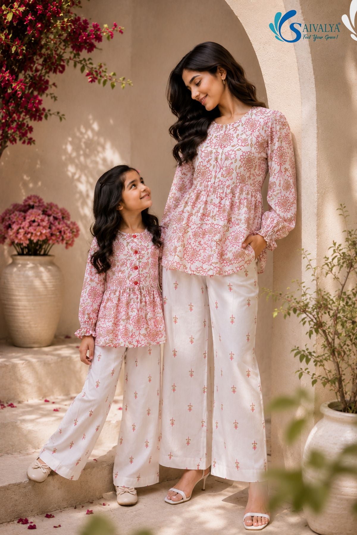 Bloom & Breezy Mom & Me Co-ord Set candid pose featuring matching floral printed peplum tops and white printed palazzo pants for stylish mother and daughter ethnic wear by Saivalya.