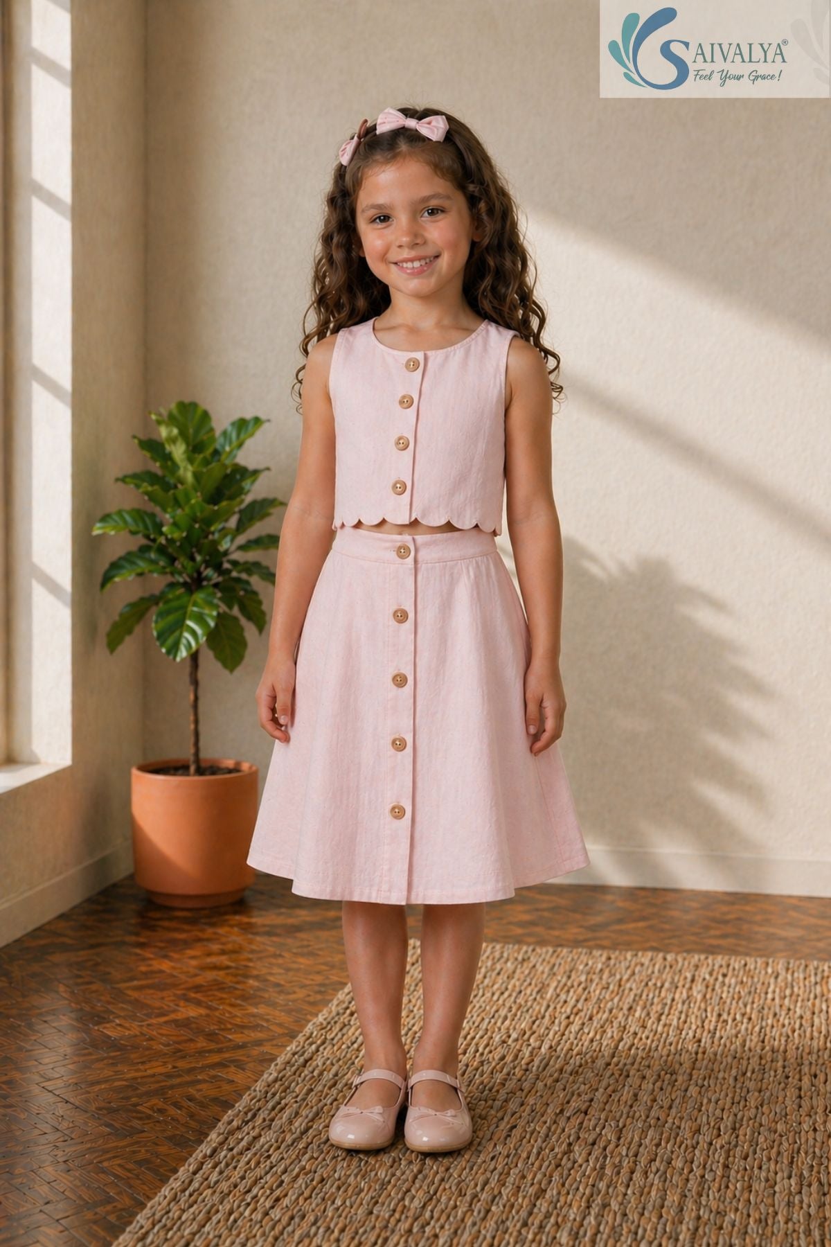 Full-length view of a smiling young girl standing casually, wearing the Blush Petal Cotton Co-ord set featuring a button-down scalloped crop top, matching A-line skirt, and bow flats.