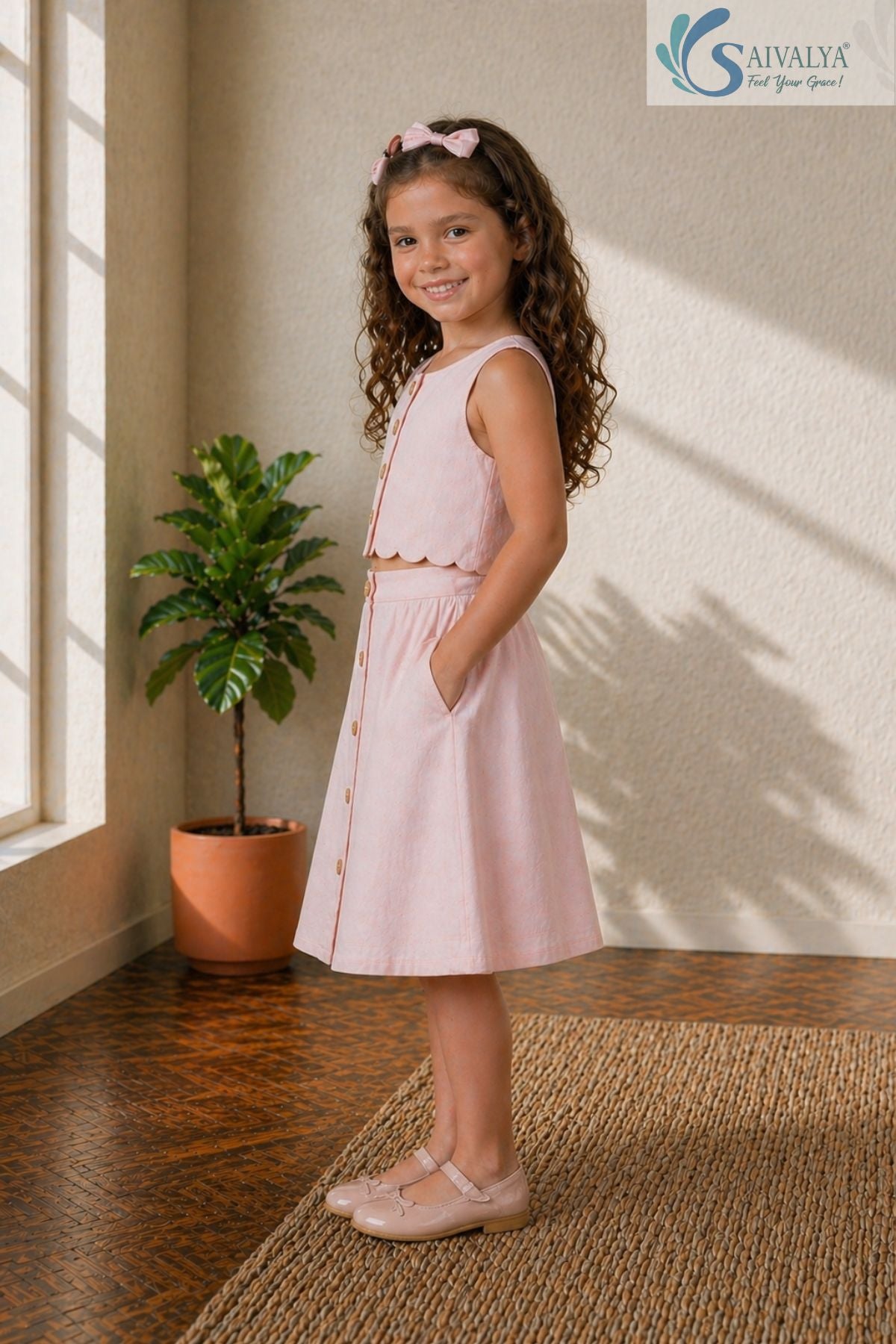Side view of a smiling young girl standing with her hand in her pocket, wearing the Blush Petal Cotton Co-ord set featuring a sleeveless crop top with a scalloped hem and a matching button-front skirt.