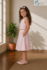 Side view of a smiling young girl standing with her hand in her pocket, wearing the Blush Petal Cotton Co-ord set featuring a sleeveless crop top with a scalloped hem and a matching button-front skirt.