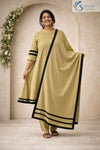 Front view of a woman wearing the Saivalya Olive Zenith Scalloped Suit Set featuring black border details on the dupatta and sleeves with a scalloped hemline paired with matching trousers