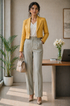 Full-length front view of a professional woman posing in a bright, modern office setting with a large window, potted palm, and wooden desk in the background, wearing the Gold Jacquard Cropped Blazer featuring a structured, short silhouette with sharp lapels and a subtle self-patterned texture, layered over a white V-neck blouse and paired with high-waisted pleated beige trousers, nude pointed pumps, and a classic beige handbag.