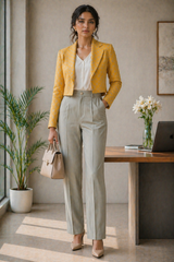 Full-length front view of a professional woman posing in a bright, modern office setting with a large window, potted palm, and wooden desk in the background, wearing the Gold Jacquard Cropped Blazer featuring a structured, short silhouette with sharp lapels and a subtle self-patterned texture, layered over a white V-neck blouse and paired with high-waisted pleated beige trousers, nude pointed pumps, and a classic beige handbag.