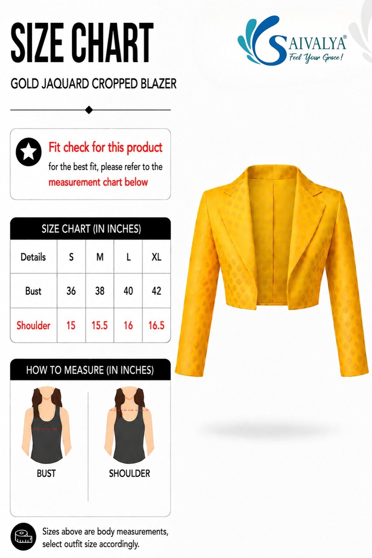 Product size chart for the Gold Jacquard Cropped Blazer, featuring a measurement table for sizes S to XL, measurement guide diagrams for bust and shoulder, and a 3D product render of the golden-yellow cropped blazer showcasing its open-front style, structured lapels, long sleeves, and subtle self-patterned floral jacquard texture.