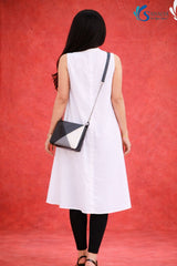 Back view of woman wearing Saivalya white pure cotton sleeveless high-low tunic with mandarin collar and button-down front