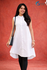 Front view of woman wearing Saivalya white pure cotton sleeveless high-low tunic with mandarin collar and button-down front