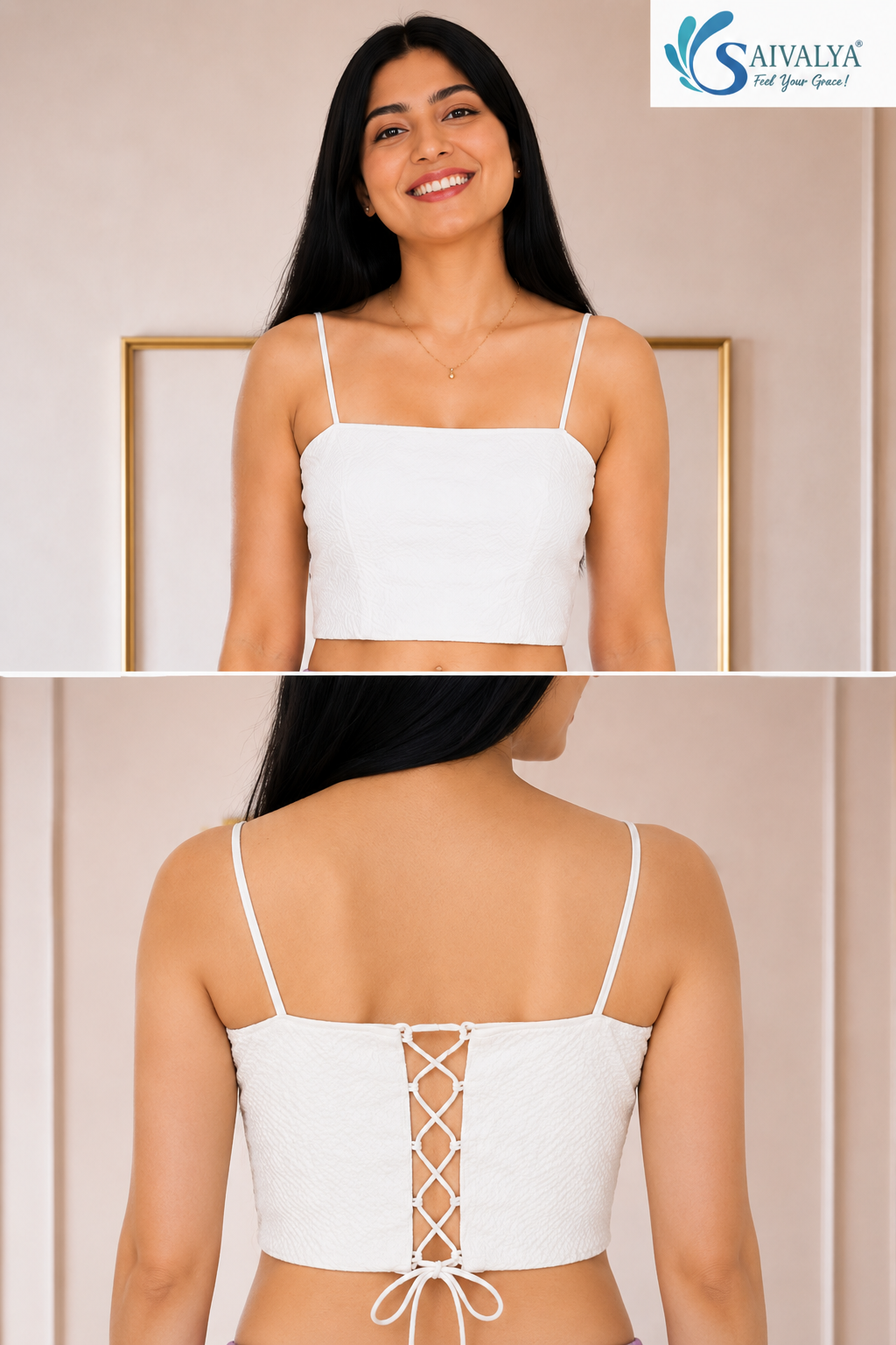 Front and back view of a woman wearing a white textured crop top with spaghetti straps and an adjustable lace-up tie back detailing.