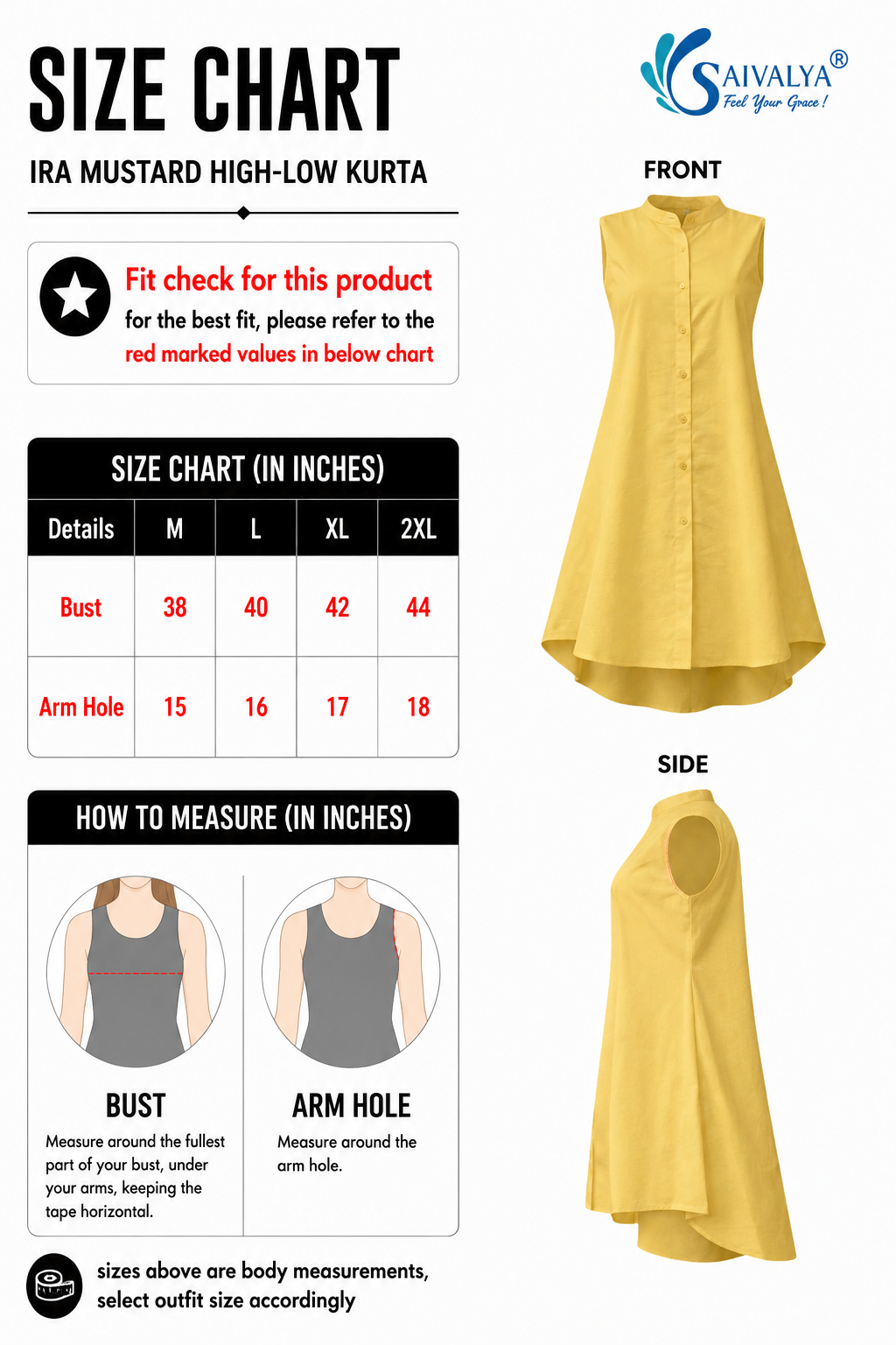 Product size chart for the Ira Mustard High-Low Kurta, featuring a measurement table for sizes M to 2XL, measurement guide diagrams for bust and arm hole, and 3D product renders displaying the front and side views of the yellow sleeveless high-low kurta.