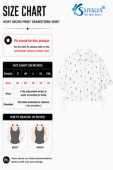 Product size chart for the Ivory Micro-Print Drawstring Shirt, featuring a measurement table for sizes S to XXL, measurement guide diagrams for bust and waist, and a 3D product render of the white button-down shirt showcasing its traditional collar, short extended sleeves, scattered colorful miniature graphics, and side drawstring ties at the hem.