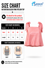 Product size chart for the Nayantara Blush Pink Peplum Top, featuring a measurement table for sizes S to XL, measurement guide diagrams for bust and length, and a 3D product render of the blush pink sleeveless top with shoulder tie-up knots.