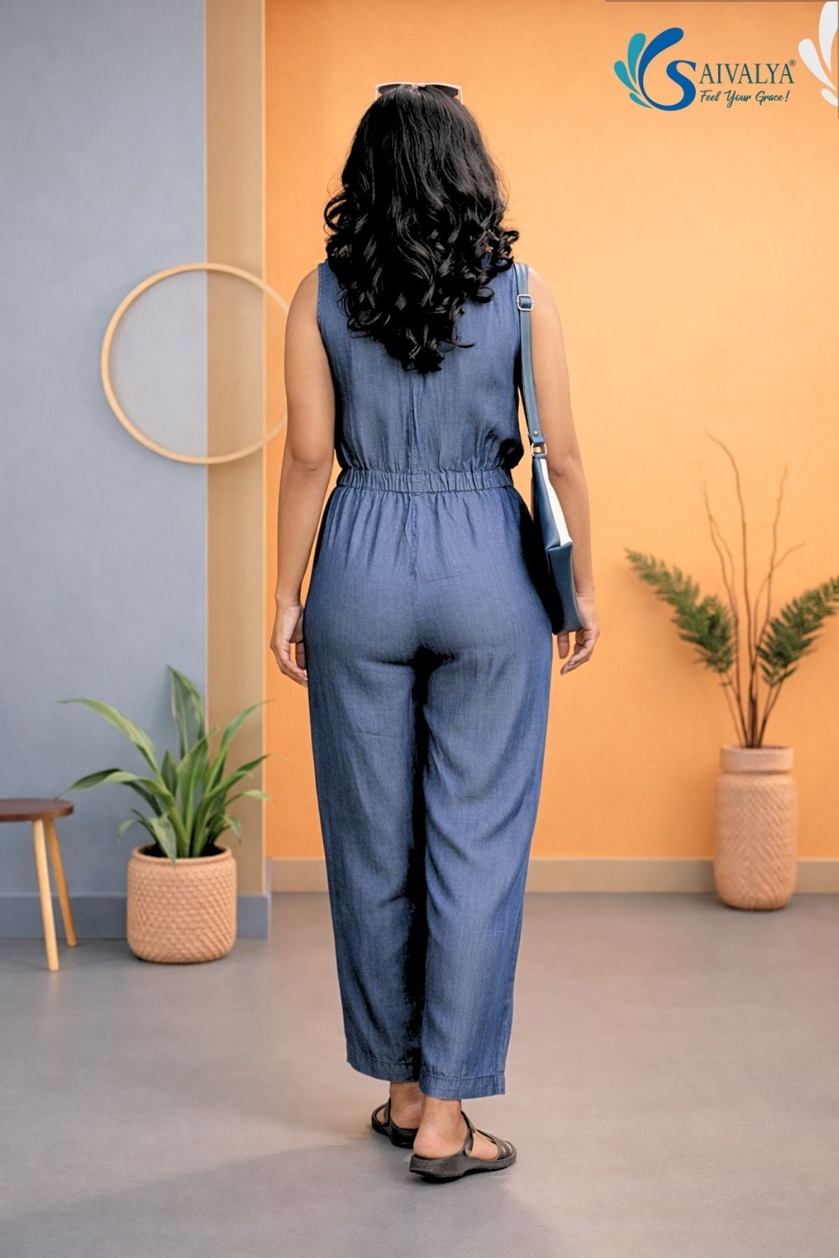 back view shot of a model wearing a Saivalya indigo blue cotton denim jumpsuit with ruffle neck detail.