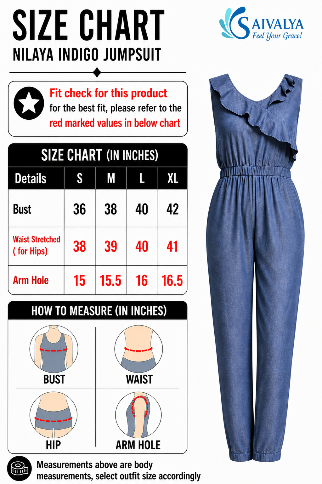 Product size chart for the Nilaya Indigo Jumpsuit, featuring a measurement table for sizes S to XL, measurement guide diagrams for bust, waist, hip, and arm hole, and a 3D product render of the blue sleeveless indigo jumpsuit with an asymmetric ruffled neckline and an elasticated waist.