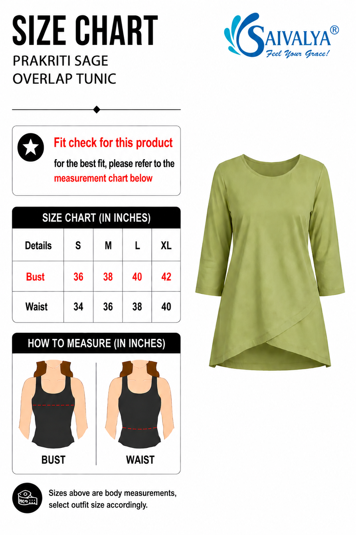 Product size chart for the Prakriti Sage Overlap Tunic, featuring a measurement table for sizes S to XL, measurement guide diagrams for bust and waist, and a 3D product render of the light sage green tunic top showcasing a round neckline, three-quarter sleeves, and an asymmetric overlap tulip hemline.