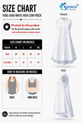 Product size chart for the Pure Aura White High-Low Frock, featuring a measurement table for sizes M to 2XL, measurement guide diagrams for bust and arm hole, and 3D product renders displaying the front and side views of the white sleeveless high-low frock.