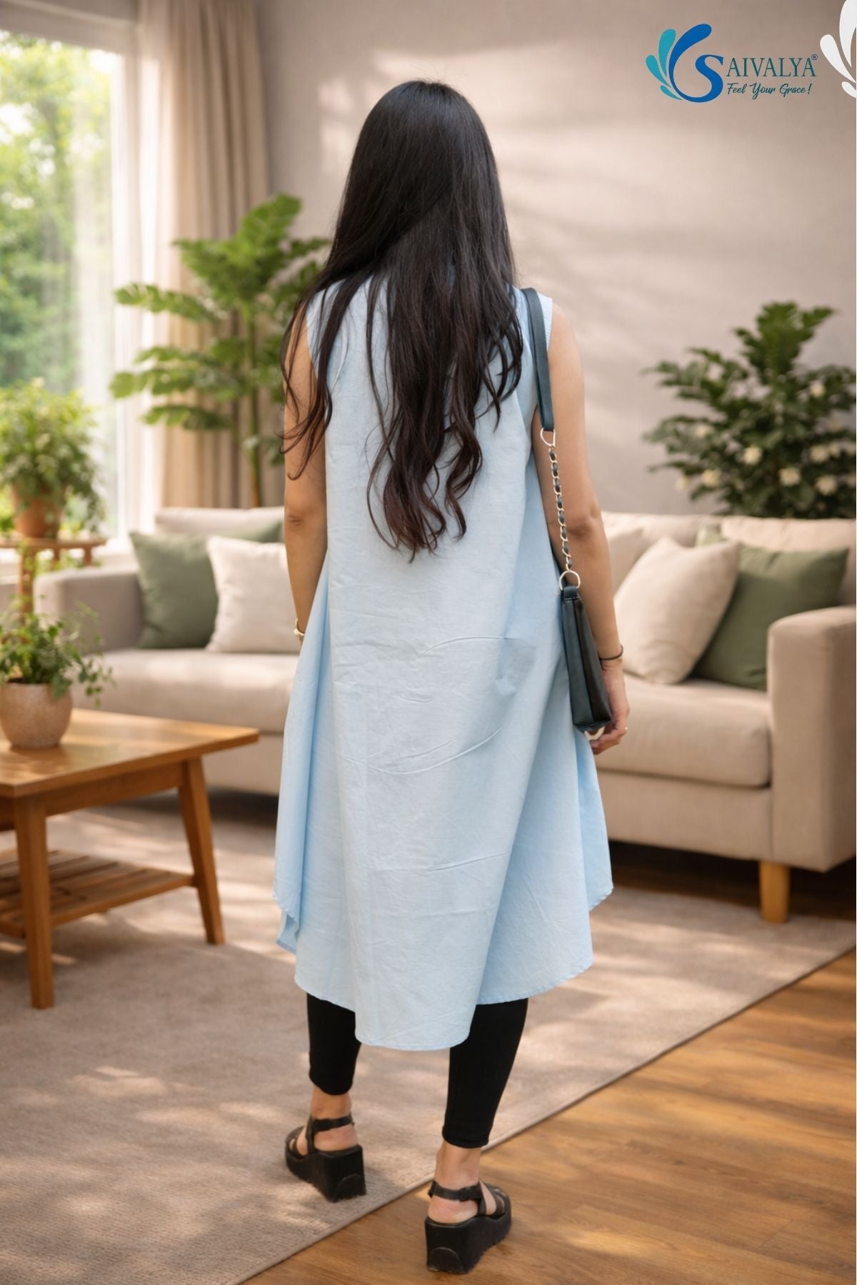 back view of a woman wearing Saivalya's powder sky blue organic cotton sleeveless tunic with a high-low hem and mandarin collar, paired with black leggings.