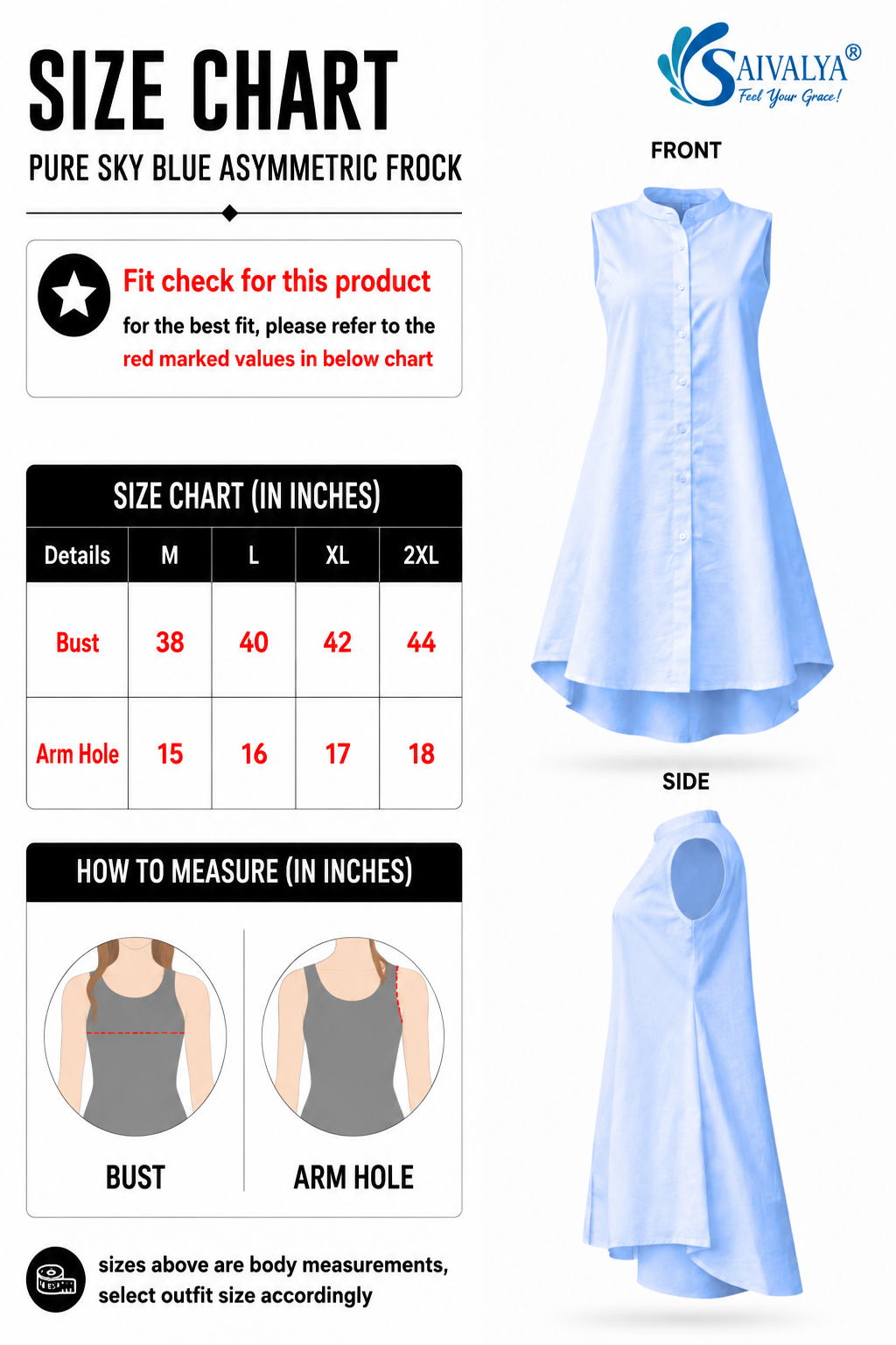 Product size chart for the Pure Sky Blue Asymmetric Frock, featuring a measurement table for sizes M to 2XL, measurement guide diagrams for bust and arm hole, and 3D product renders displaying the front and side views of the light sky blue sleeveless asymmetric frock.
