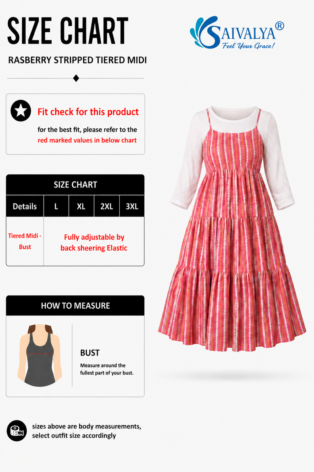 Product size chart for plus sizes of the Raspberry Striped Tiered Midi Dress, featuring a note stating the bust is fully adjustable by back smocking elastic for sizes L to 3XL, a bust measurement guide diagram, and a 3D product render of the dress layered over a long-sleeve top.