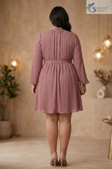 Back view of a woman standing in a warmly lit room, wearing the rosewood Pleated Muse Dress highlighting the uniform crinkle pleated texture, high collar neck, long sleeves with gathered cuffs, and a matching fabric waist belt, paired with nude ankle-strap heels.