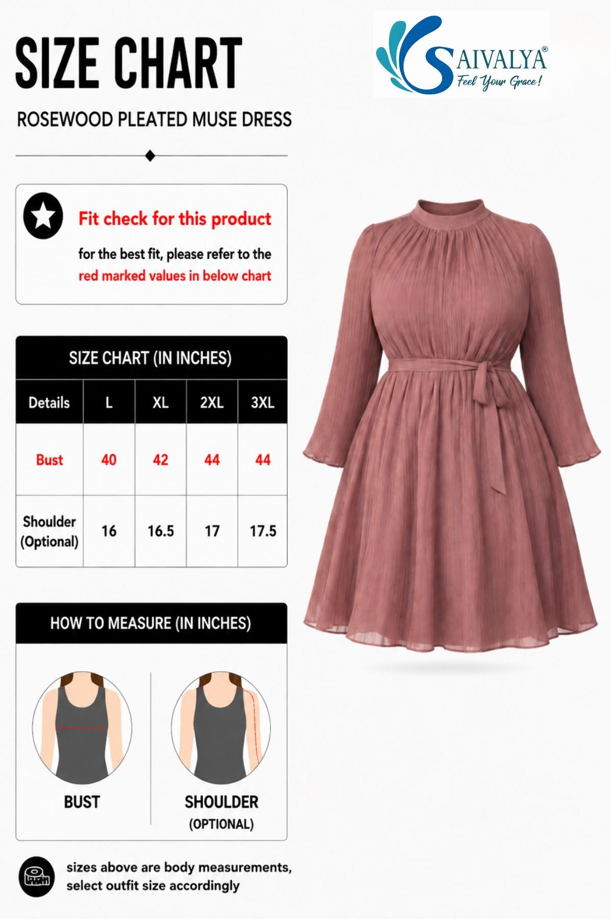 Product size chart for plus sizes of the Rosewood Pleated Muse Dress, featuring a measurement table for sizes L to 3XL, measurement guide diagrams, and a 3D product render.
