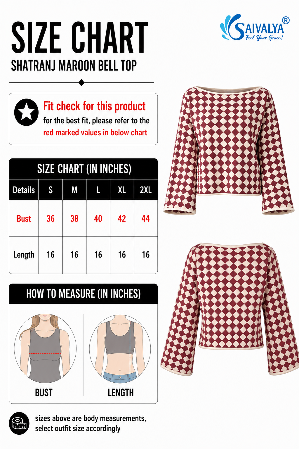 Product size chart for the Shatranj Maroon Bell Top, featuring a measurement table for sizes S to 2XL, measurement guide diagrams for bust and length, and 3D product renders displaying the front and back views of the maroon and cream checkered knit top with a boat neckline and long flared bell sleeves.