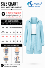 Size chart graphic for the Sunny Sky Textured Shorts Set, including measurement details in inches for S, M, L, and XL sizes alongside a visual measuring guide.