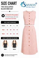 Product size chart for The Scalloped Blush Midi Set, featuring a measurement table for sizes S to XL, measurement guide diagrams for bust and waist, and a 3D product render of the powder pink cotton co-ord set showcasing its sleeveless button-down crop top with a scalloped hemline and the matching high-waisted, button-down A-line midi skirt.