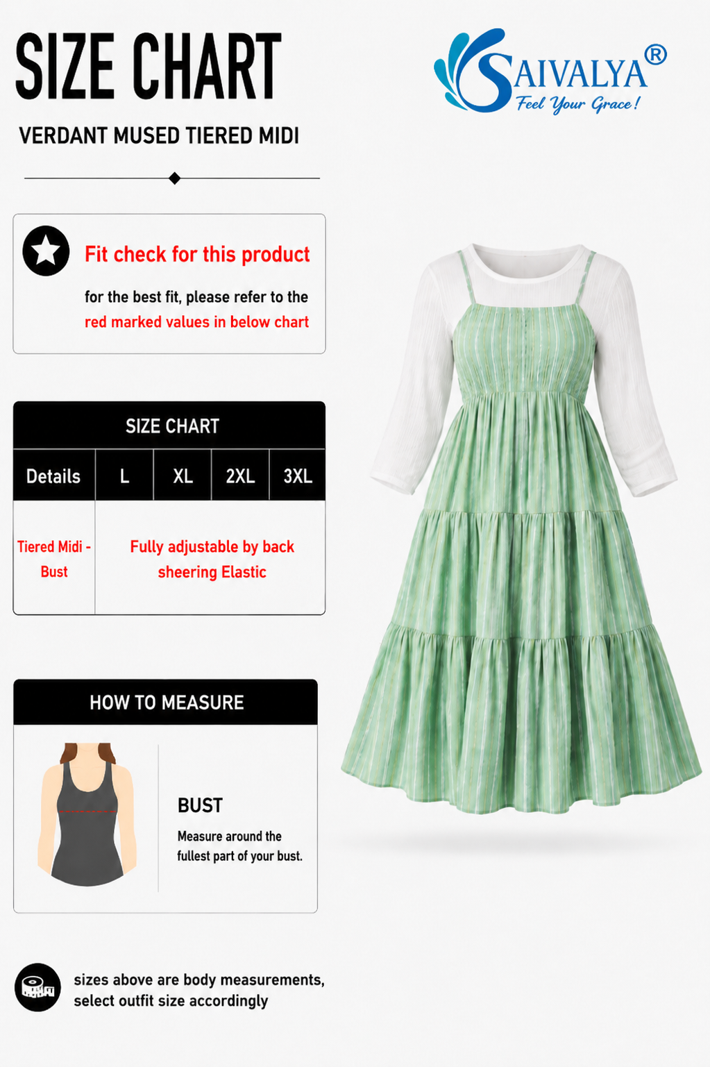Product size chart for plus sizes of the Verdant Muse Tiered Midi Dress, featuring a note stating the bust is fully adjustable by back smocking elastic for sizes L to 3XL, a bust measurement guide diagram, and a 3D product render of the dress layered over a long-sleeve top.