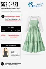 Product size chart for plus sizes of the Verdant Muse Tiered Midi Dress, featuring a note stating the bust is fully adjustable by back smocking elastic for sizes L to 3XL, a bust measurement guide diagram, and a 3D product render of the dress layered over a long-sleeve top.
