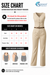 Product size chart for the Aatman Waistcoat and Straight Trousers Set, featuring a measurement table for sizes S to XL, measurement guide diagrams for bust, arm hole, and trousers-hips, and a 3D product render of the beige sleeveless button-up waistcoat and matching straight-leg trousers with a thin brown belt.