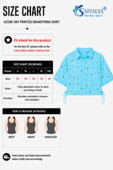 Product size chart for the Azure Sky Printed Drawstring Shirt, featuring a measurement table for sizes S to XXL, measurement guide diagrams for bust, waist, and shoulder, and a 3D product render of the light blue button-down shirt showcasing its traditional collar, short extended sleeves, scattered colorful miniature graphics, and side drawstring ties at the hem.