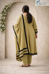 Back view of a woman wearing the Saivalya Olive Zenith Scalloped Suit Set showcasing the long draped dupatta with black contrast borders and matching trousers