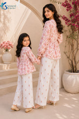 Back view of Bloom & Breezy Mom & Me Co-ord Set featuring matching floral printed peplum tops and white printed palazzo pants for mother and daughter ethnic wear by Saivalya.