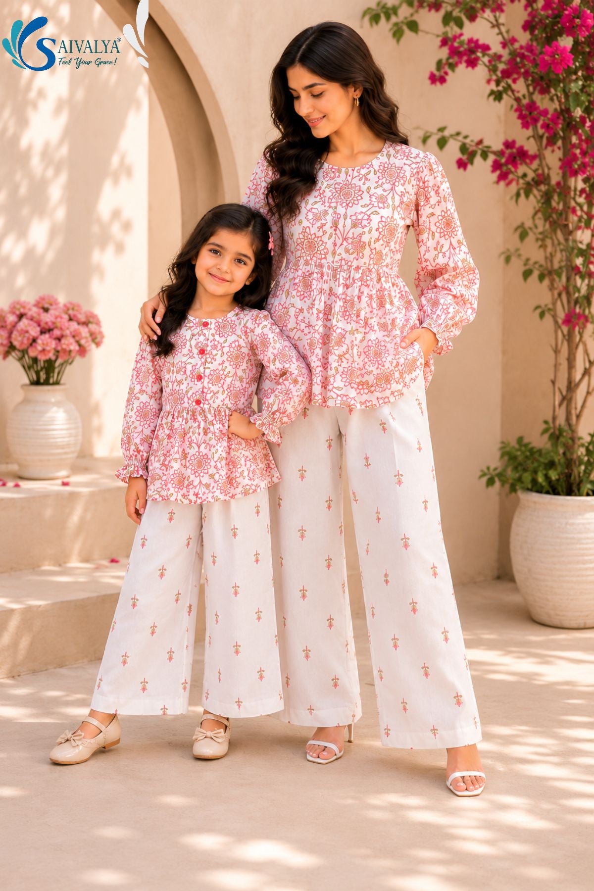 Bloom & Breezy Mom & Me Co-ord Set featuring matching floral printed peplum tops and white printed palazzo pants for mother and daughter ethnic casual wear by Saivalya.
