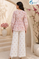Back view of Bloom & Breezy Peplum Co-ord Set featuring floral printed peplum top with full sleeves and white straight palazzo pants for women ethnic casual wear by Saivalya.