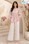Women’s Bloom & Breezy Peplum Co-ord Set with floral printed peplum top, full sleeves and white printed palazzo pants in soft ethnic casual wear front view by Saivalya.