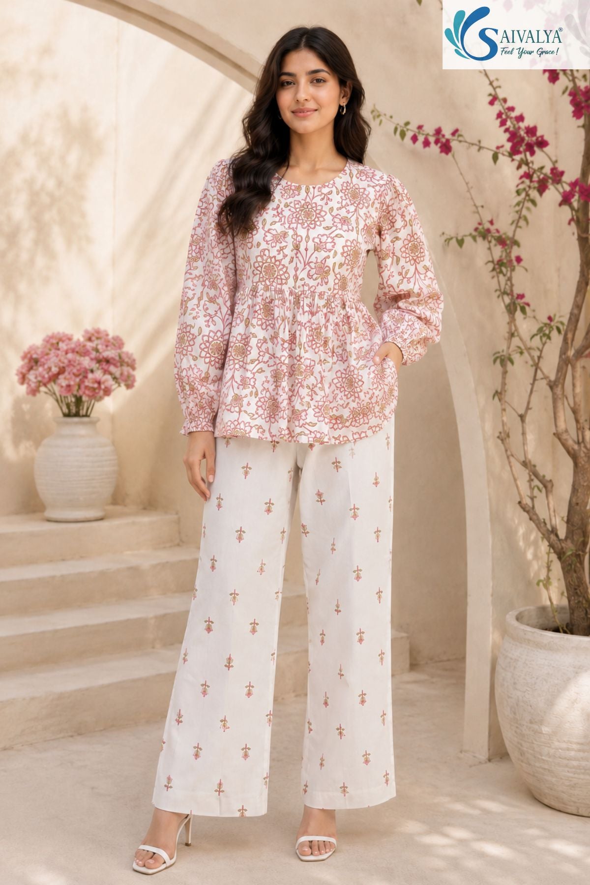 Women’s Bloom & Breezy Peplum Co-ord Set with floral printed peplum top, full sleeves and white printed palazzo pants in soft ethnic casual wear front view by Saivalya.