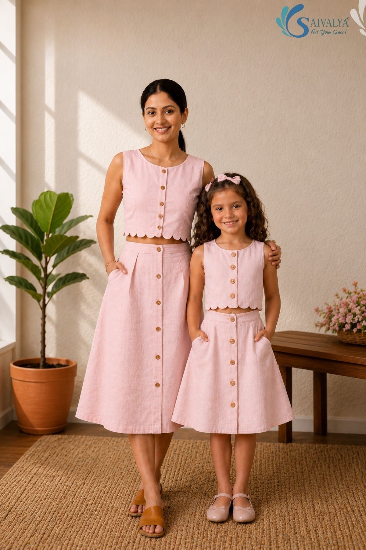 Full-length front view of a smiling woman and a young girl posing together as a matching mother-daughter duo in a bright, warm indoor studio setting with a woven rug, a potted fiddle-leaf fig plant, and a wooden bench in the background; both are wearing matching powder pink cotton co-ord sets featuring a sleeveless button-down crop top with a delicate scalloped petal-cut hemline, paired with a matching high-waisted, button-down A-line skirt with side pockets, with the woman in a midi-length version and the 