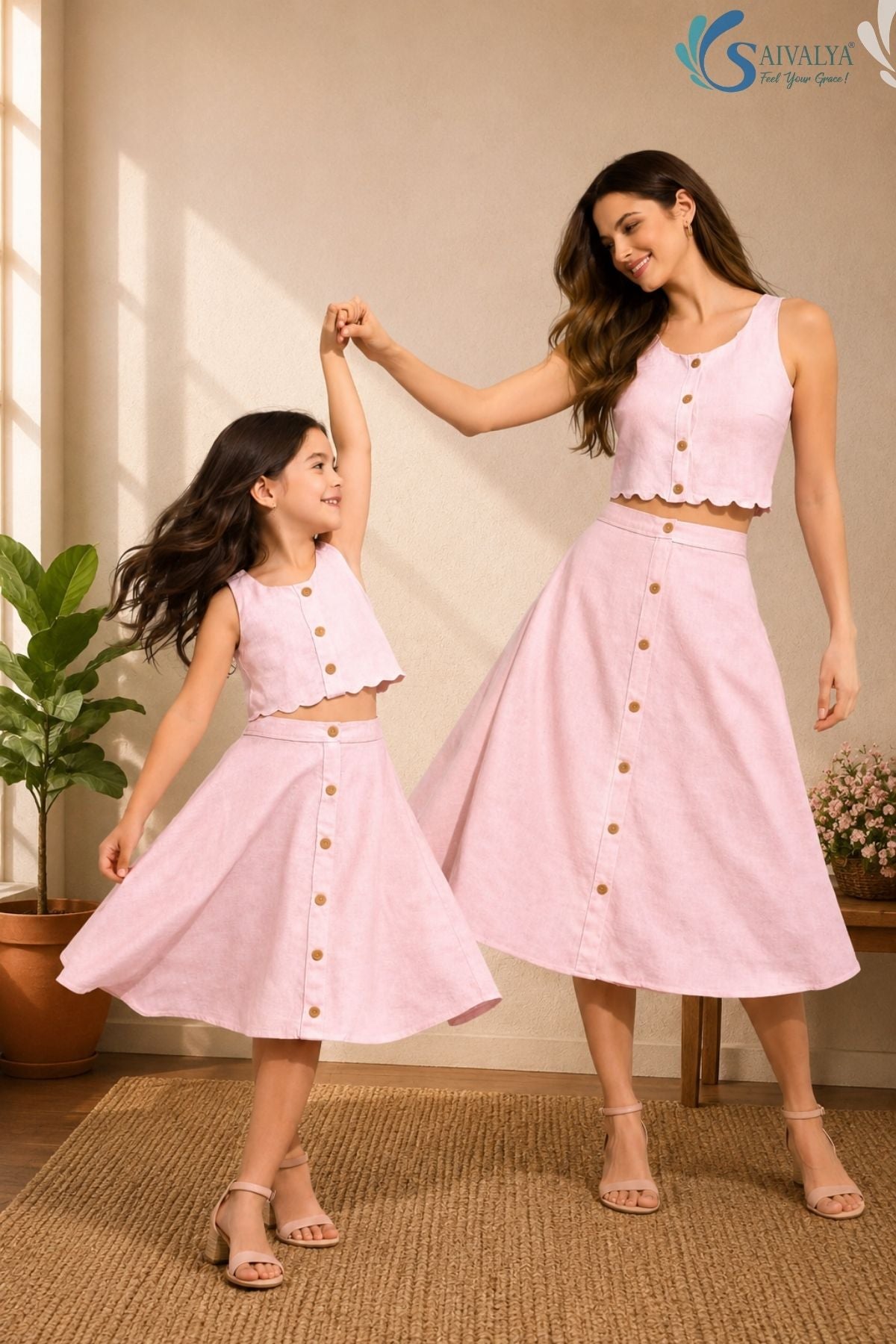 Full-length front view of a woman and a young girl holding hands and joyfully twirling together in a bright, warm indoor studio setting with a woven rug, a potted fiddle-leaf fig plant, and soft shadows in the background; both are wearing matching powder pink cotton co-ord sets featuring a sleeveless button-down crop top with a delicate scalloped petal-cut hemline, paired with a matching high-waisted, button-down flared A-line skirt, paired with nude ankle-strap heeled sandals for the woman and matching fla