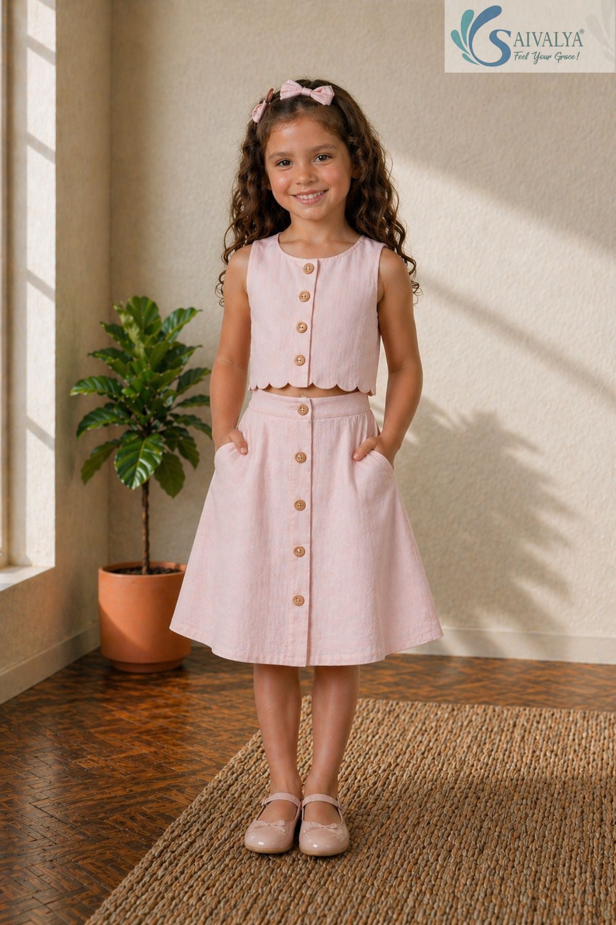 Young girl smiling with hands in pockets wearing the Blush Petal Cotton Co-ord set featuring a sleeveless button-down crop top with a scalloped hem and a matching button-front A-line skirt.