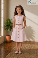 Young girl smiling with hands in pockets wearing the Blush Petal Cotton Co-ord set featuring a sleeveless button-down crop top with a scalloped hem and a matching button-front A-line skirt.