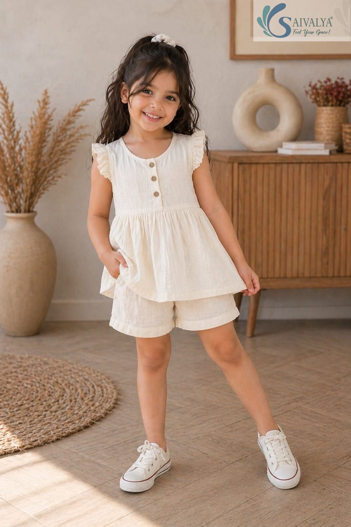 Front view of a smiling young girl standing with her hand in her pocket, wearing the cream Double Gauze Cotton Ruffle Set featuring a sleeveless button-up top with ruffled shoulders, gathered waist, matching casual shorts, and white canvas sneakers.