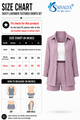 Product size chart for the Dusty Lavender Textured Shorts Set, featuring a measurement table for sizes S to XL, measurement guide diagrams, and a 3D product render.