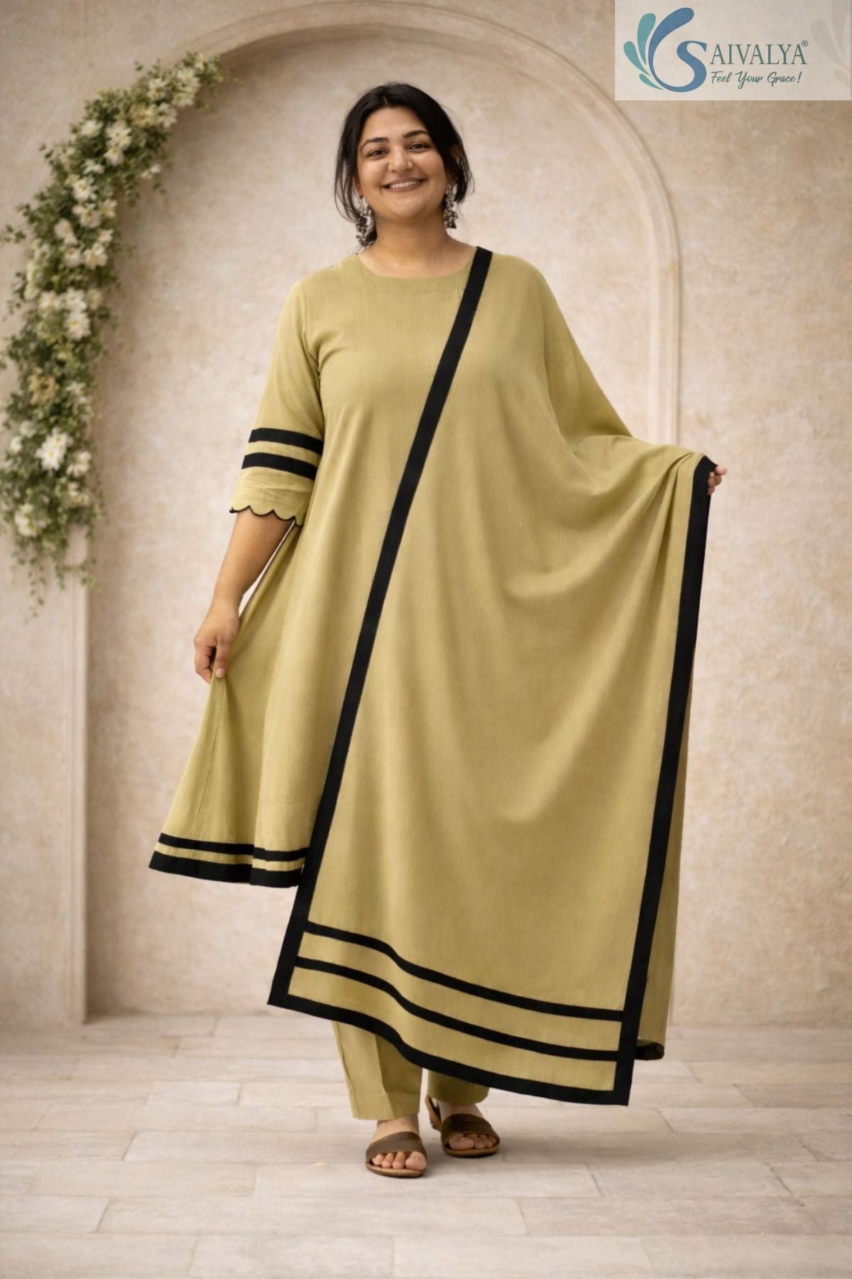 Front view of a woman wearing the Saivalya Olive Zenith Scalloped Suit Set featuring black border details on the dupatta and sleeves with a scalloped hemline paired with matching trousers