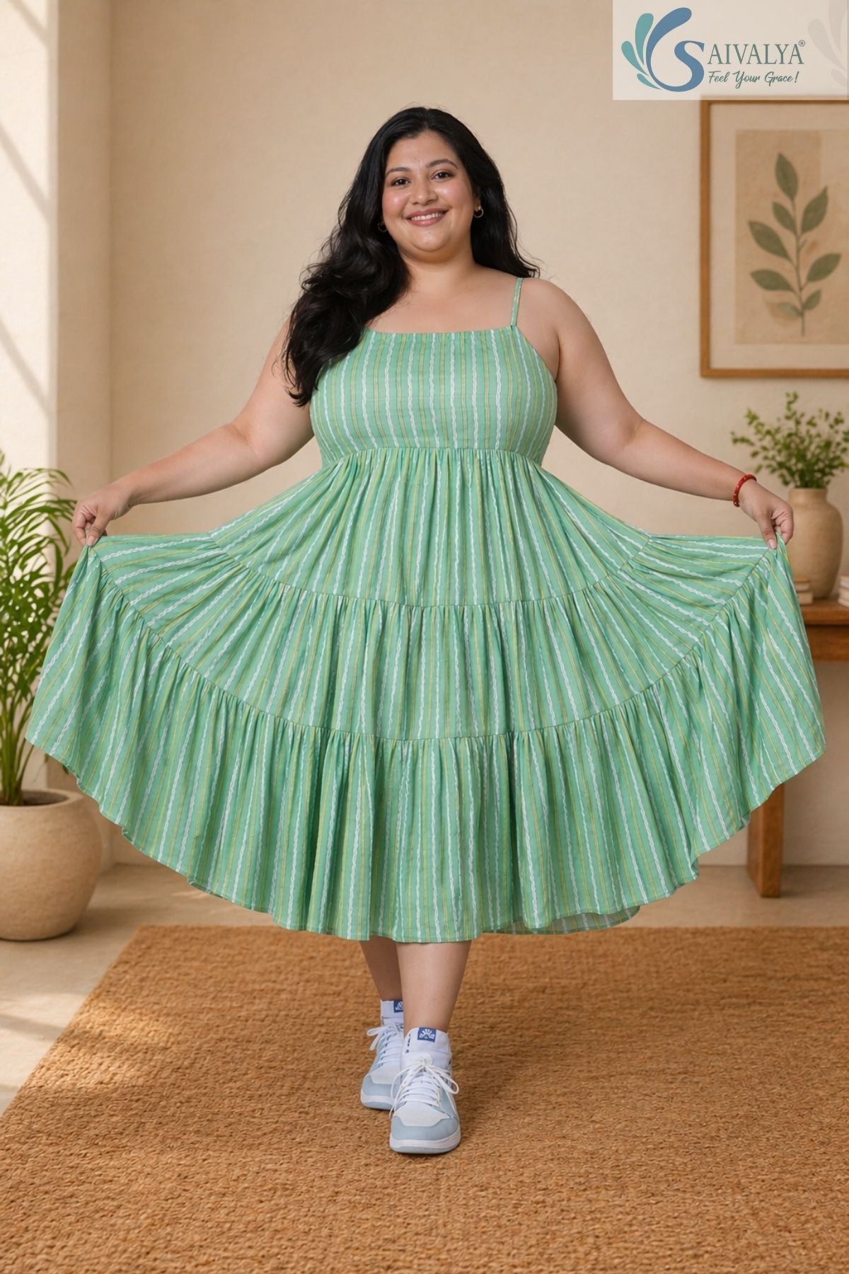 Front view of a woman wearing the Saivalya Verdant Muse green striped tiered midi dress with noodle straps and a flared skirt paired with white sneakers